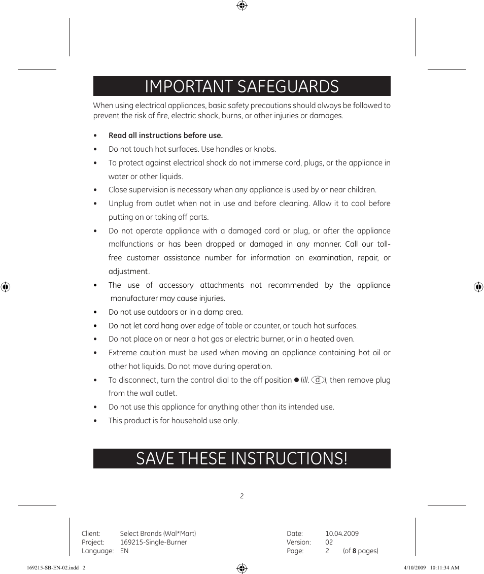 Important safeguards, Save these instructions | GE 681131692151 User Manual | Page 2 / 8