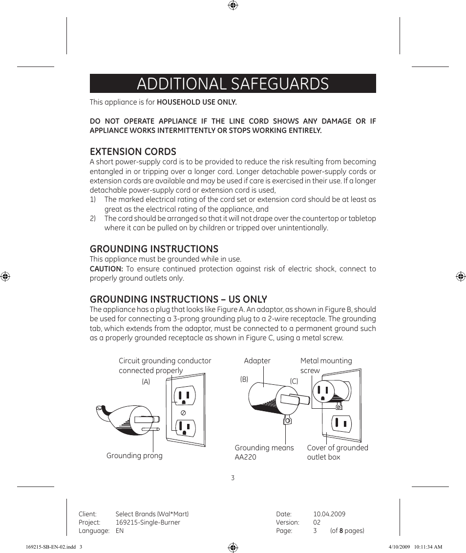 Additional safeguards, Extension cords, Grounding instructions | Grounding instructions – us only | GE 681131692151 User Manual | Page 3 / 8