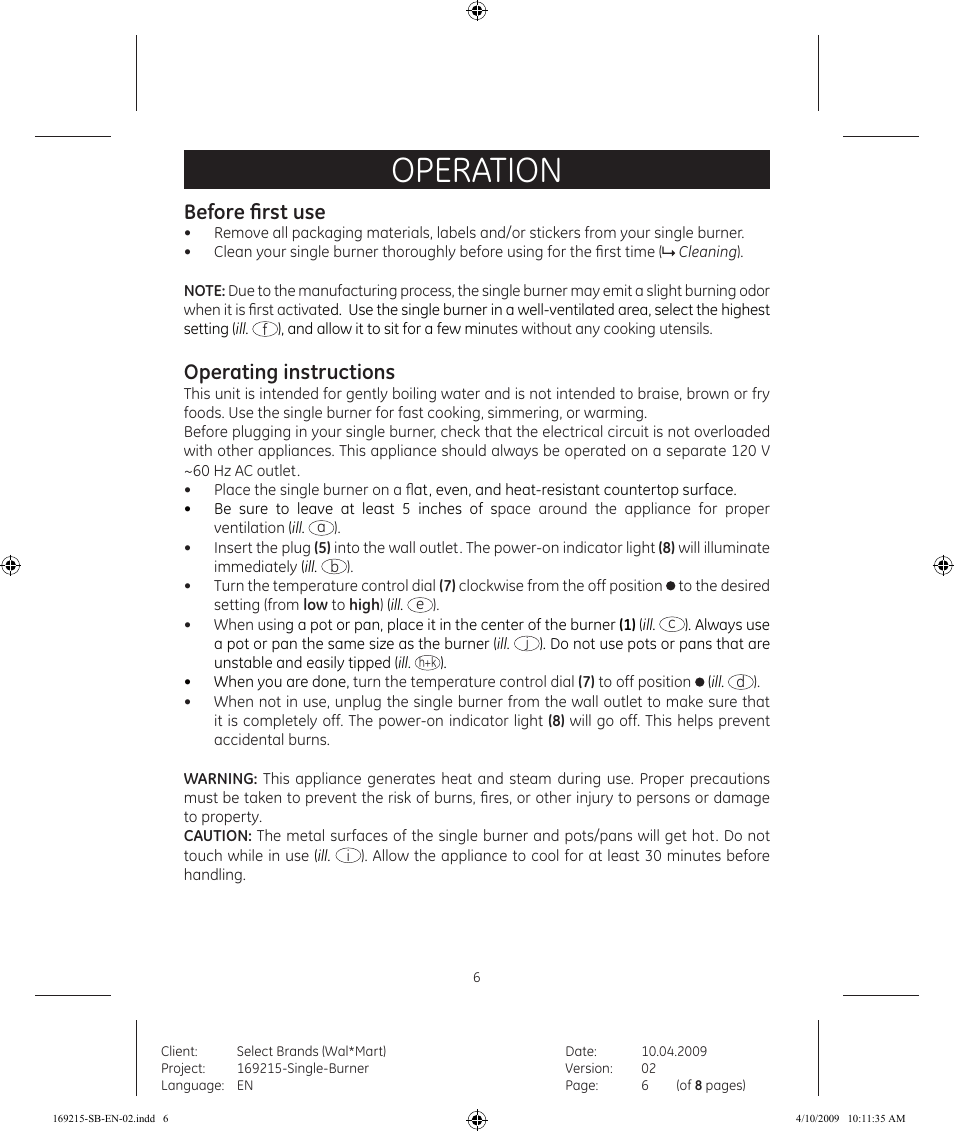 Operation, Before first use, Operating instructions | GE 681131692151 User Manual | Page 6 / 8