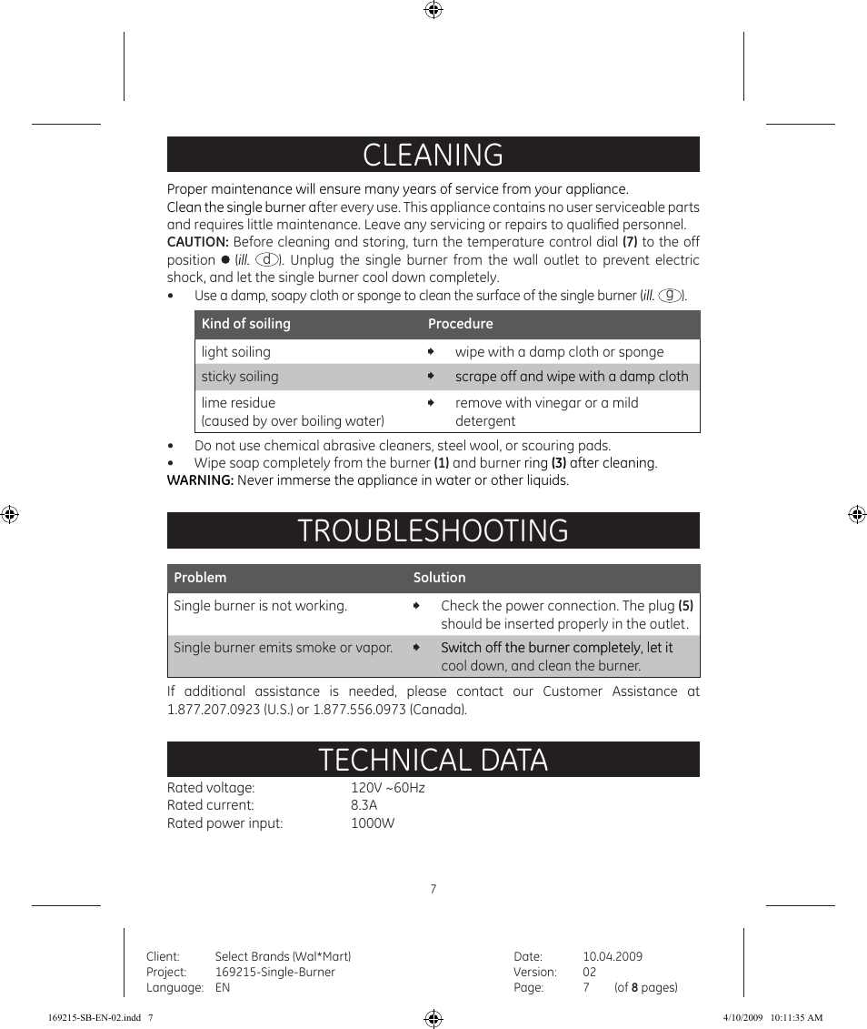 Cleaning, Troubleshooting, Technical data | GE 681131692151 User Manual | Page 7 / 8