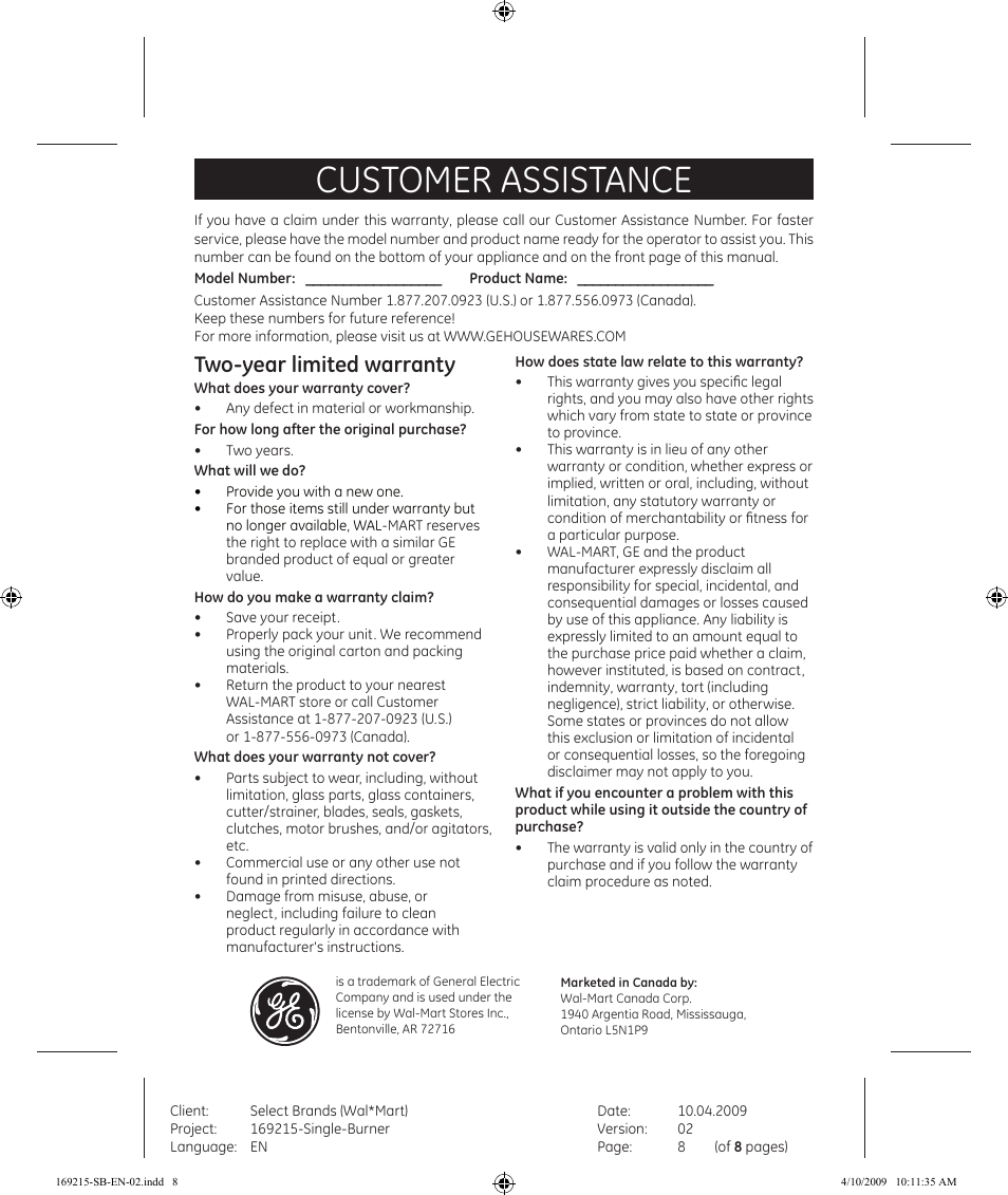 Customer assistance, Two-year limited warranty | GE 681131692151 User Manual | Page 8 / 8