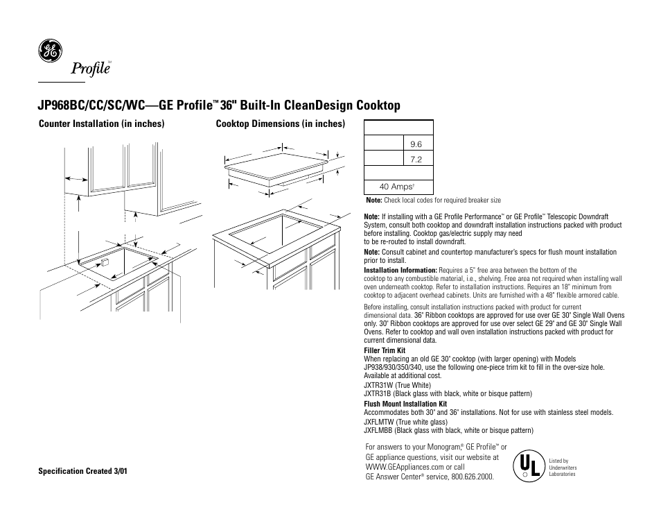 GE Profile JP968CCCC User Manual | 2 pages