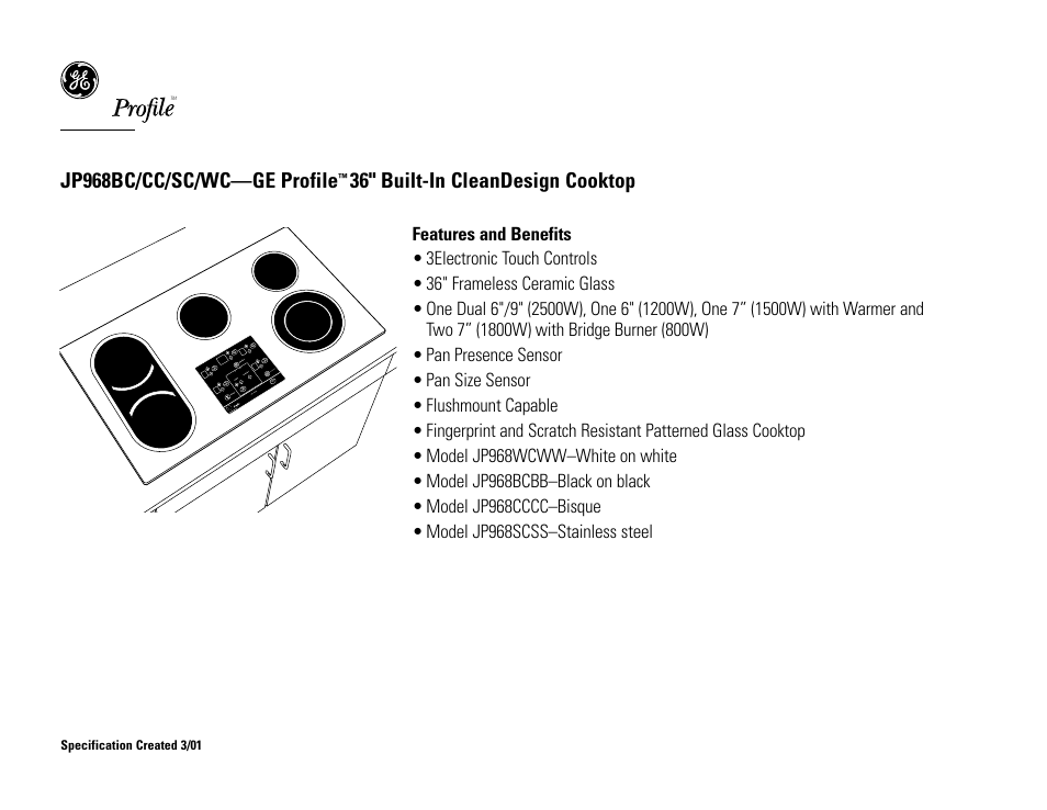 Jp968bc/cc/sc/wc—ge profile, 36" built-in cleandesign cooktop | GE Profile JP968CCCC User Manual | Page 2 / 2