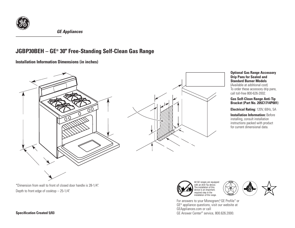 GE JGBP30BEH User Manual | 2 pages