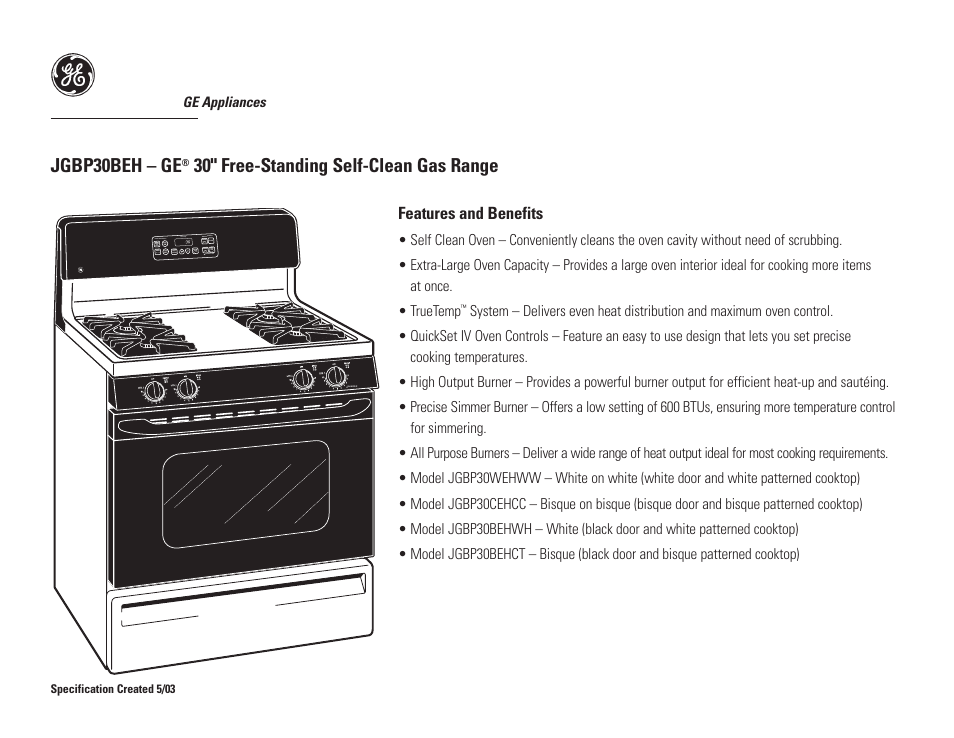 Jgbp30beh – ge, 30" free-standing self-clean gas range | GE JGBP30BEH User Manual | Page 2 / 2