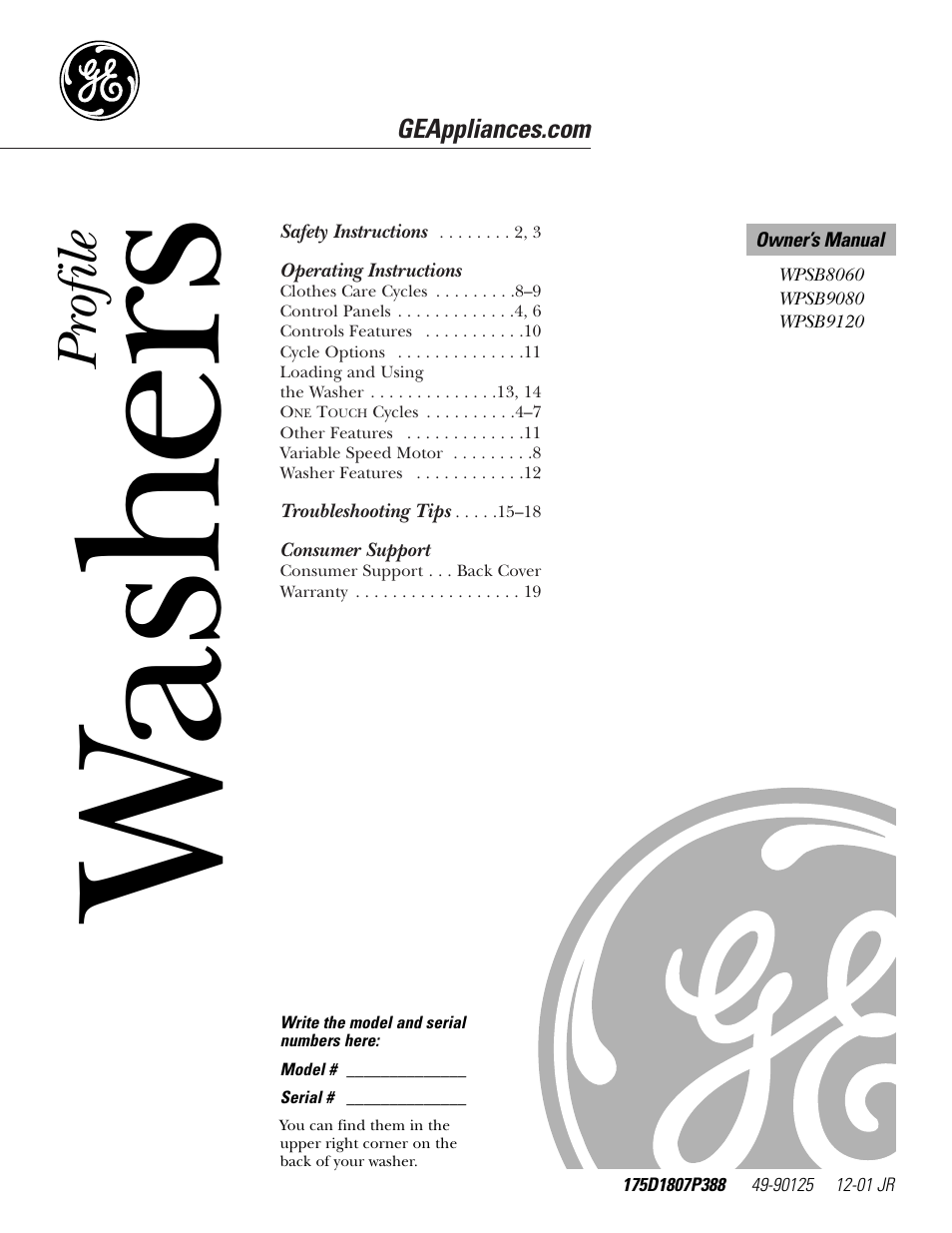 GE PROFILE WASHERS WPSB9080 User Manual | 20 pages