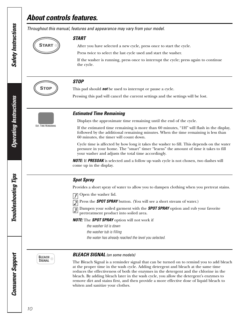 Controls features, About controls features | GE PROFILE WASHERS WPSB9080 User Manual | Page 10 / 20