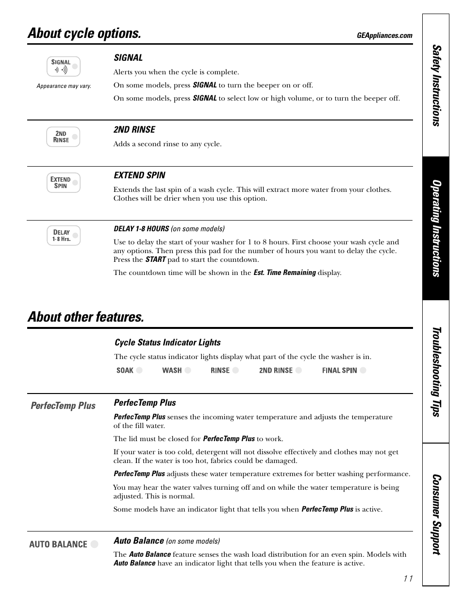 Cycle options, Other features, About cycle options | About other features | GE PROFILE WASHERS WPSB9080 User Manual | Page 11 / 20