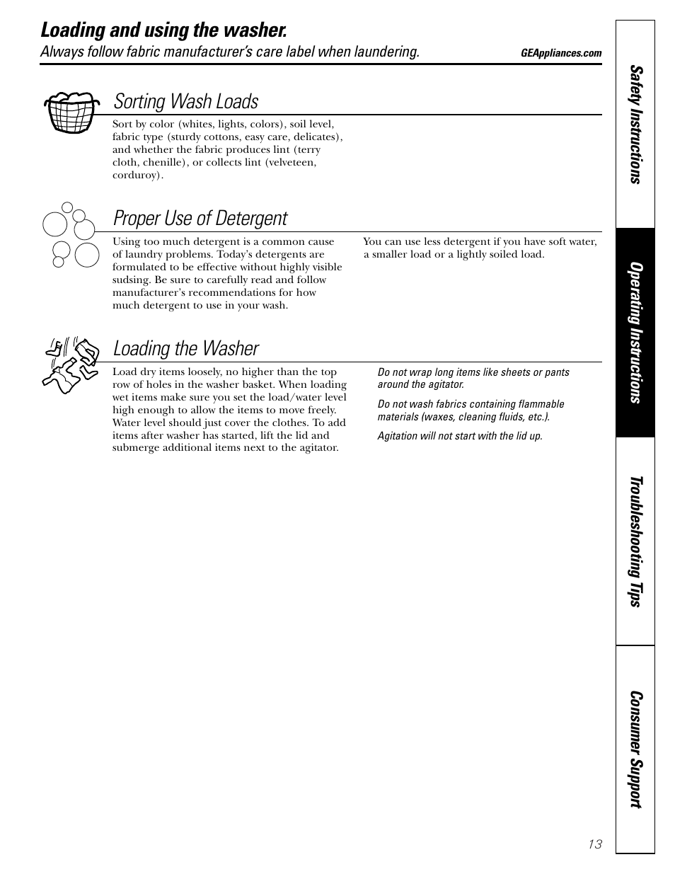 Loading and using the washer, Loading and using the washer , 14, Sorting wash loads | Proper use of detergent, Loading the washer | GE PROFILE WASHERS WPSB9080 User Manual | Page 13 / 20