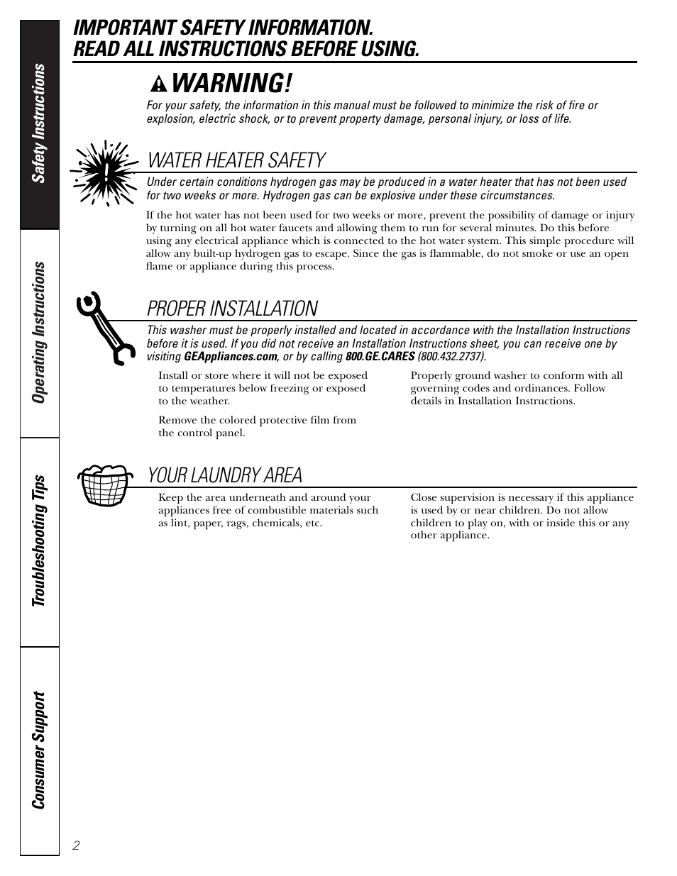 Safety instructions, Warning, Water heater safety | Proper installation, Your laundry area | GE PROFILE WASHERS WPSB9080 User Manual | Page 2 / 20