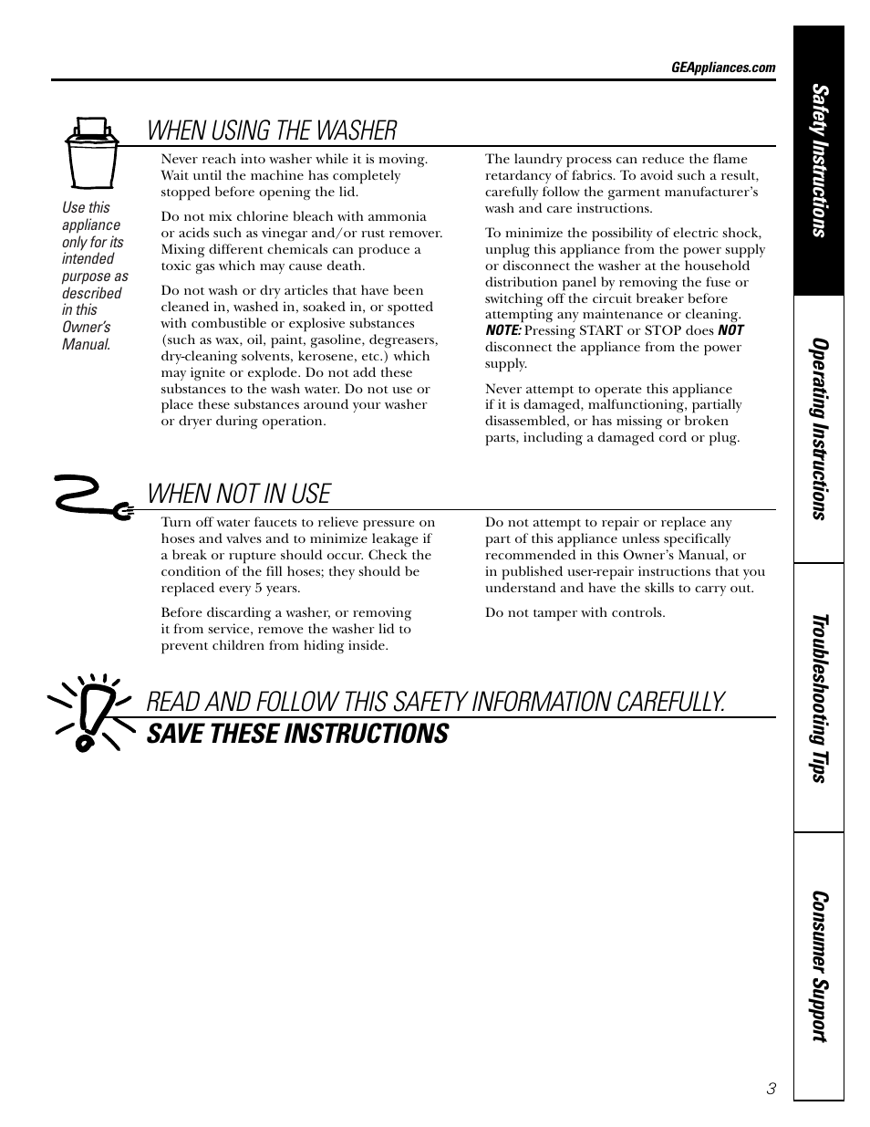 When using the washer | GE PROFILE WASHERS WPSB9080 User Manual | Page 3 / 20