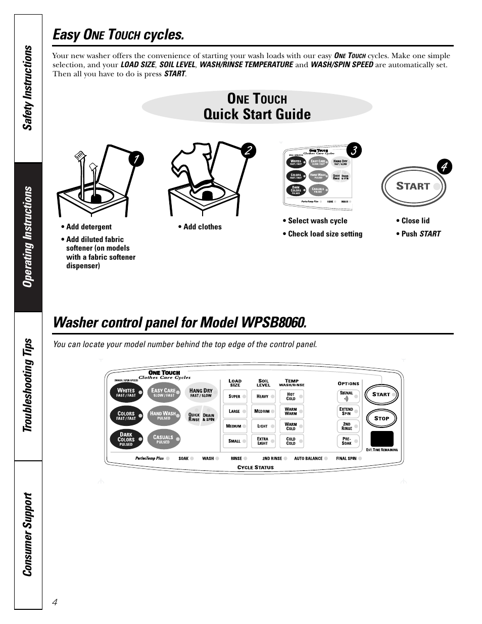 Control panels, One touch cycles, Control panels , 6 | Ouch, Cycles –7, Easy o, Cycles, Washer control panel for model wpsb8060, Quick start guide | GE PROFILE WASHERS WPSB9080 User Manual | Page 4 / 20