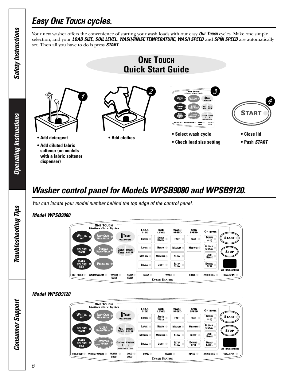 Easy o, Cycles, Quick start guide | GE PROFILE WASHERS WPSB9080 User Manual | Page 6 / 20