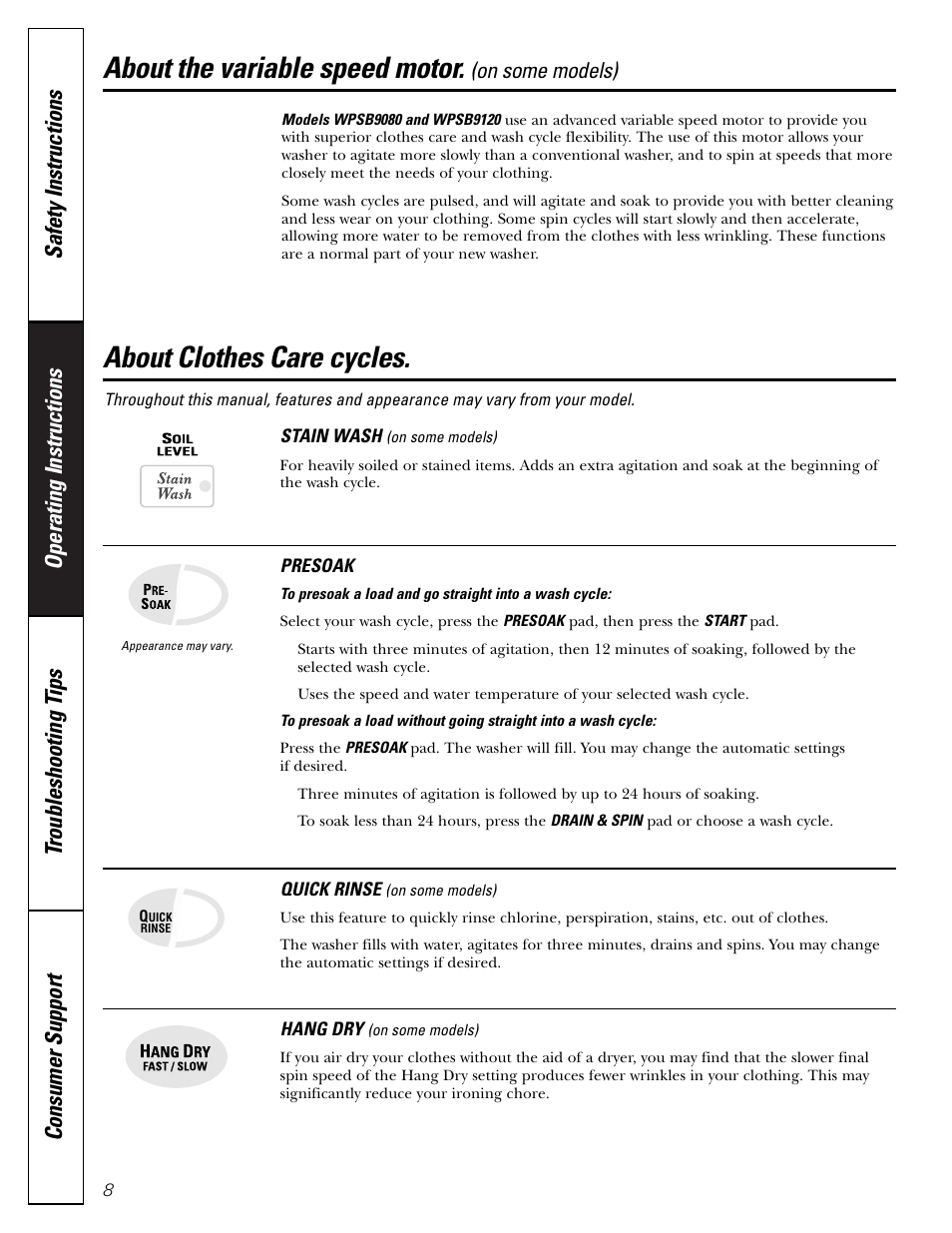 Clothes care cycles, Variable speed motor, Clothes care cycles –9 | About the variable speed motor, About clothes care cycles, On some models) | GE PROFILE WASHERS WPSB9080 User Manual | Page 8 / 20