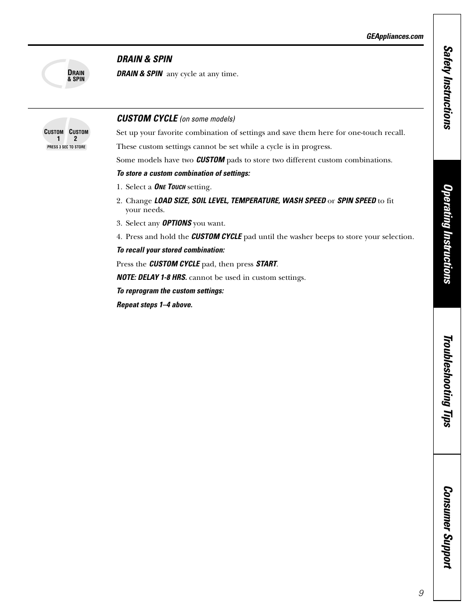 Custom cycle, Drain & spin | GE PROFILE WASHERS WPSB9080 User Manual | Page 9 / 20