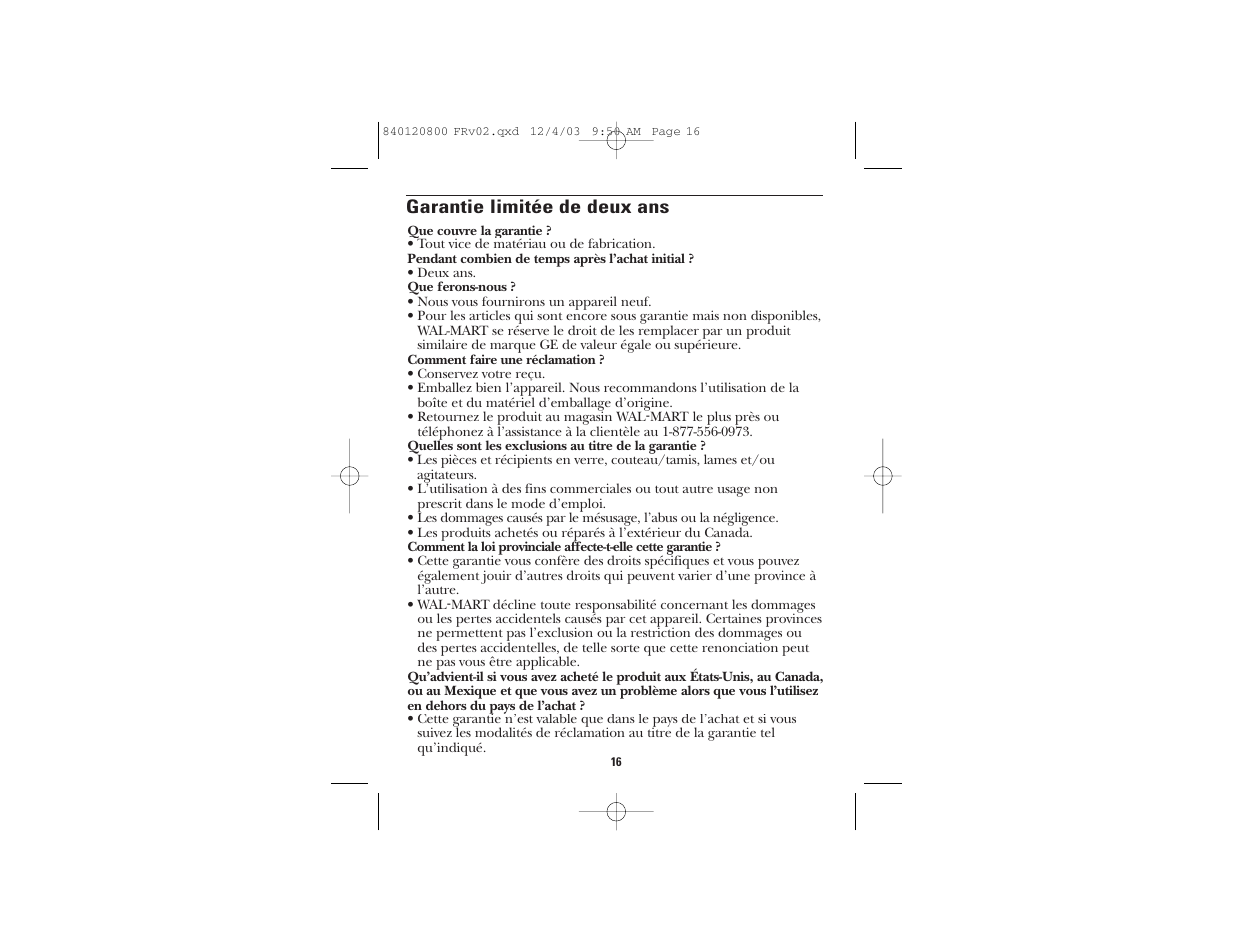 Garantie limitée de deux ans | GE 840120800 User Manual | Page 10 / 15