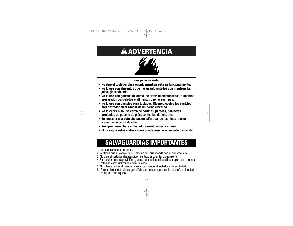 Wadvertencia, Salvaguardias importantes | GE 840120800 User Manual | Page 11 / 15