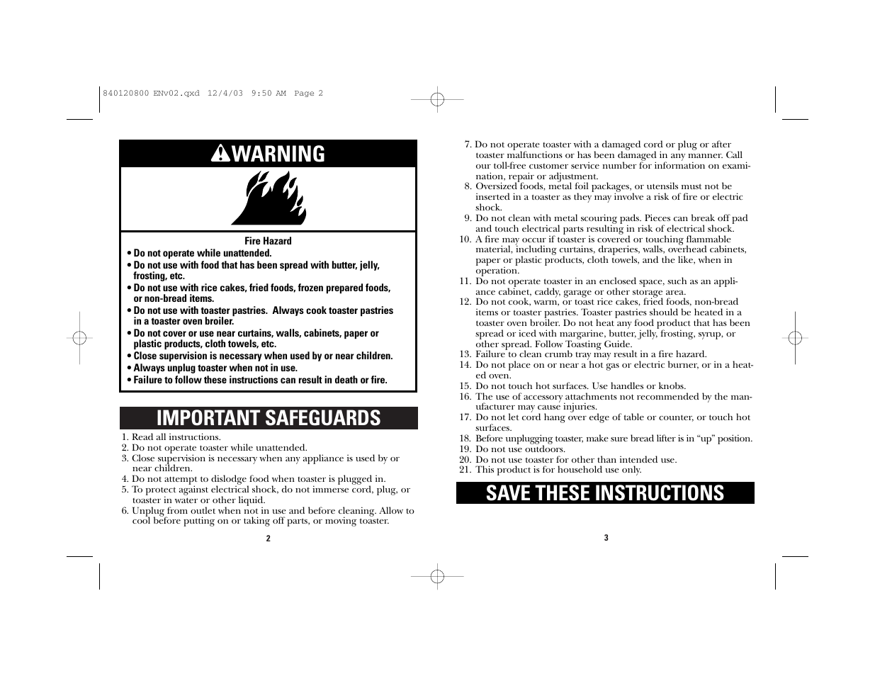 Wwarning, Important safeguards, Save these instructions | GE 840120800 User Manual | Page 2 / 15