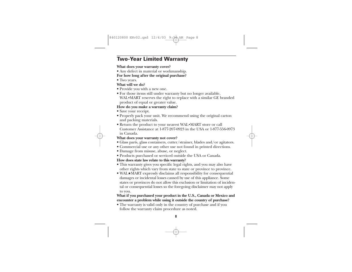 Two-year limited warranty | GE 840120800 User Manual | Page 5 / 15