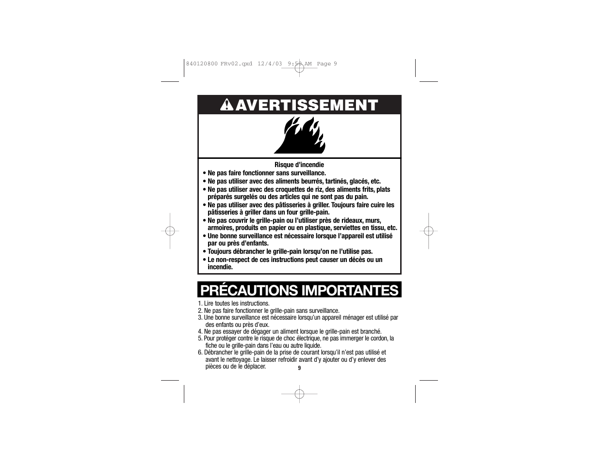 Wavertissement, Précautions importantes | GE 840120800 User Manual | Page 6 / 15