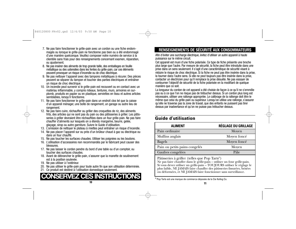 Conservez ces instructions | GE 840120800 User Manual | Page 7 / 15