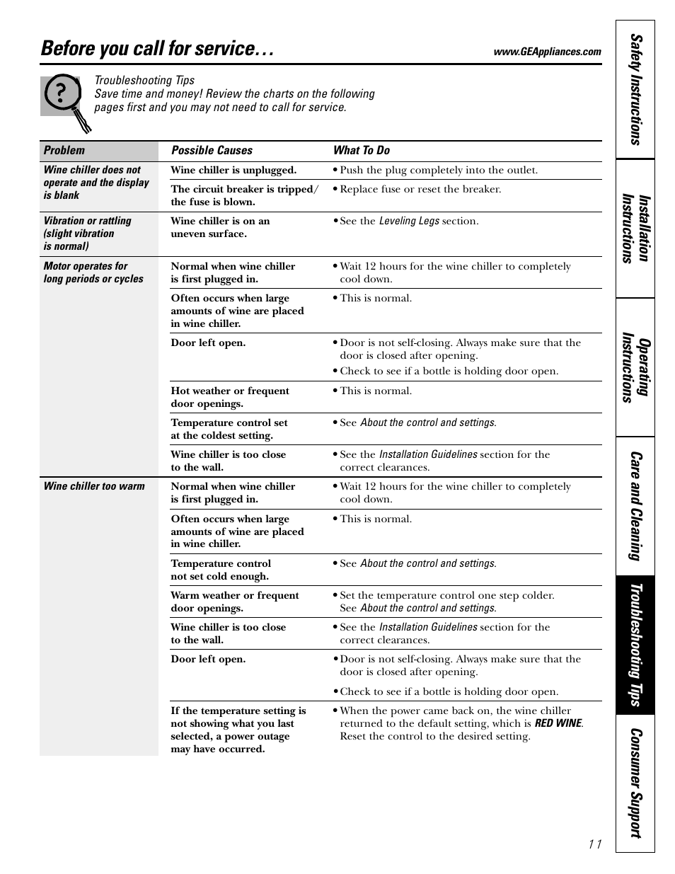 Troubleshooting tips, Before you call for service | GE Profile Wine Chiller User Manual | Page 11 / 32