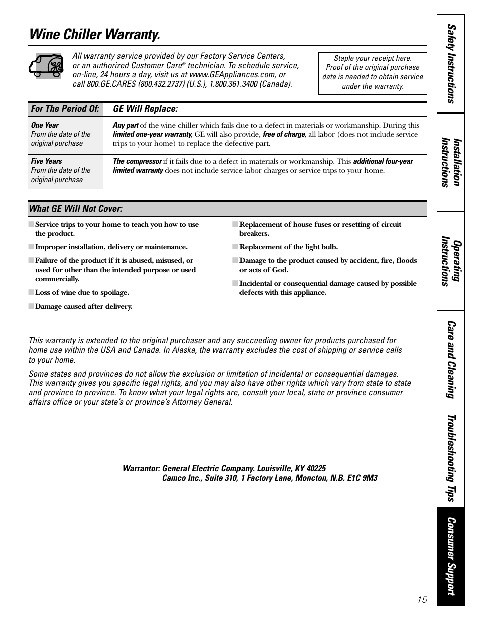 Warranty, Wine chiller warranty | GE Profile Wine Chiller User Manual | Page 15 / 32