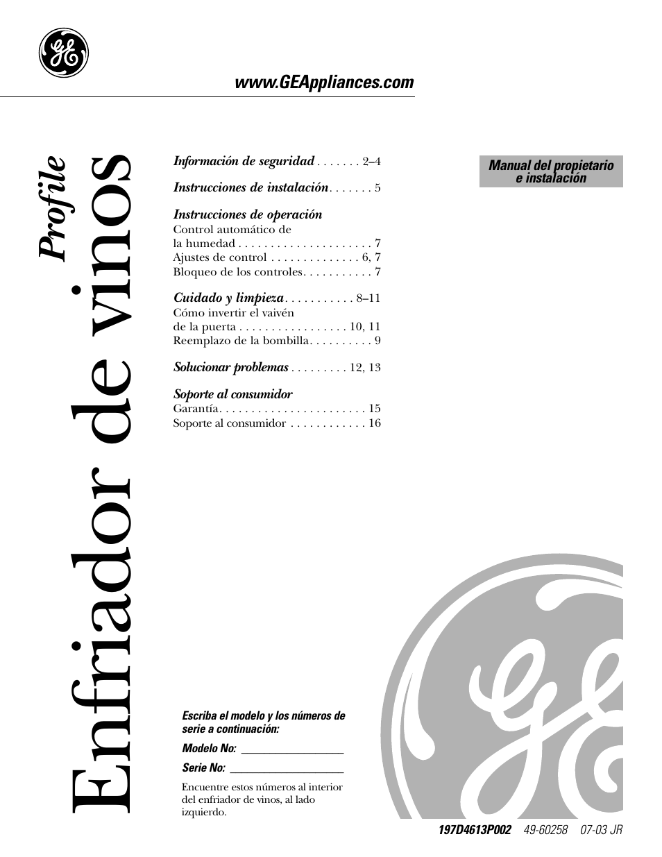 Spanish table of contents, Instrucciones de operación, Soporte al consumidor | Enfriador de vinos, Pr of ile | GE Profile Wine Chiller User Manual | Page 17 / 32