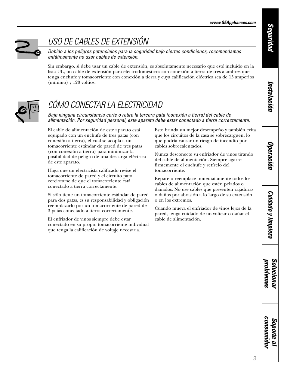 Uso de cables de extensión, Cómo conectar la electricidad | GE Profile Wine Chiller User Manual | Page 19 / 32