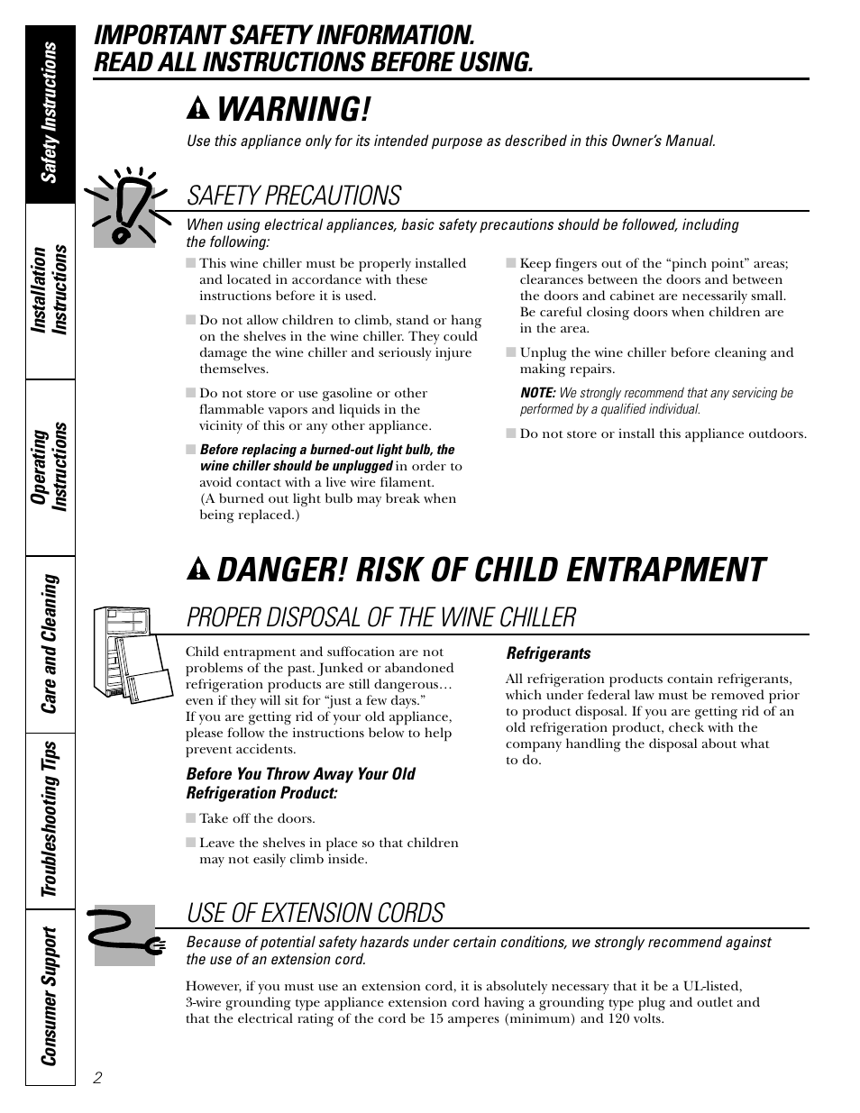 Safety instructions, Danger! risk of child entrapment, Warning | Proper disposal of the wine chiller, Use of extension cords, Safety precautions | GE Profile Wine Chiller User Manual | Page 2 / 32