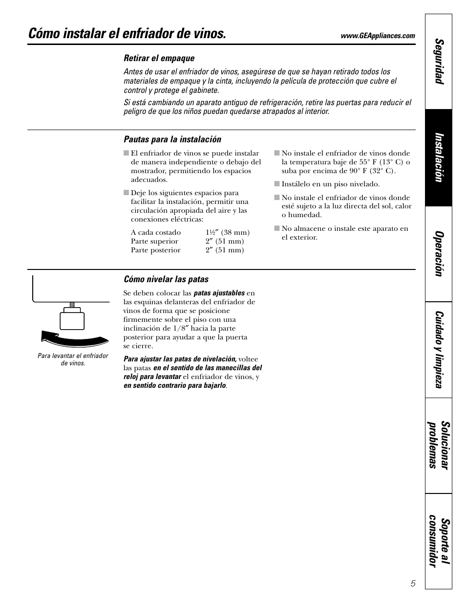 Instrucciones de instalación, Cómo instalar el enfriador de vinos, Cuidado y limpieza | GE Profile Wine Chiller User Manual | Page 21 / 32