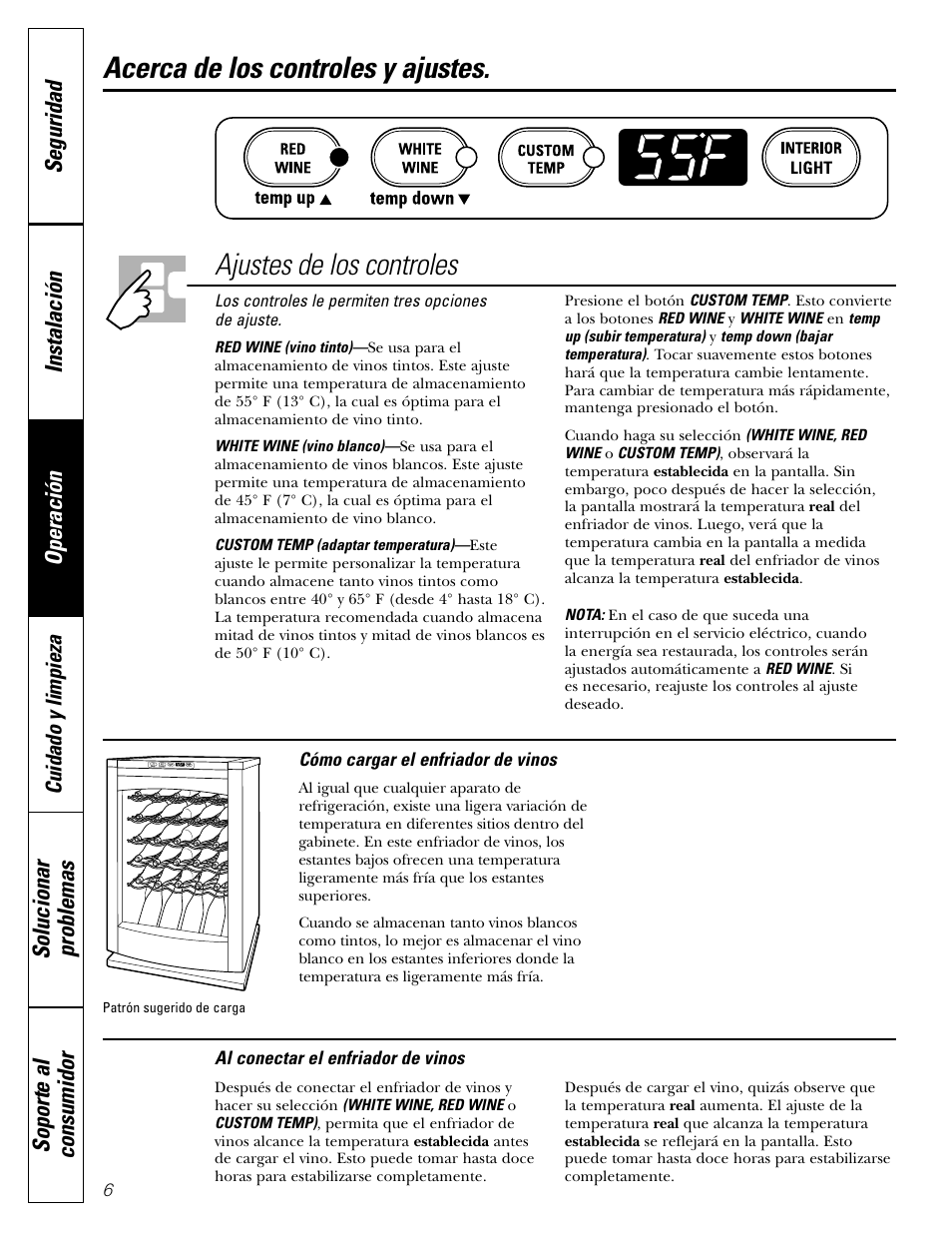 Ajustes de control, Ajustes de control , 7, Acerca de los controles y ajustes | Ajustes de los controles | GE Profile Wine Chiller User Manual | Page 22 / 32