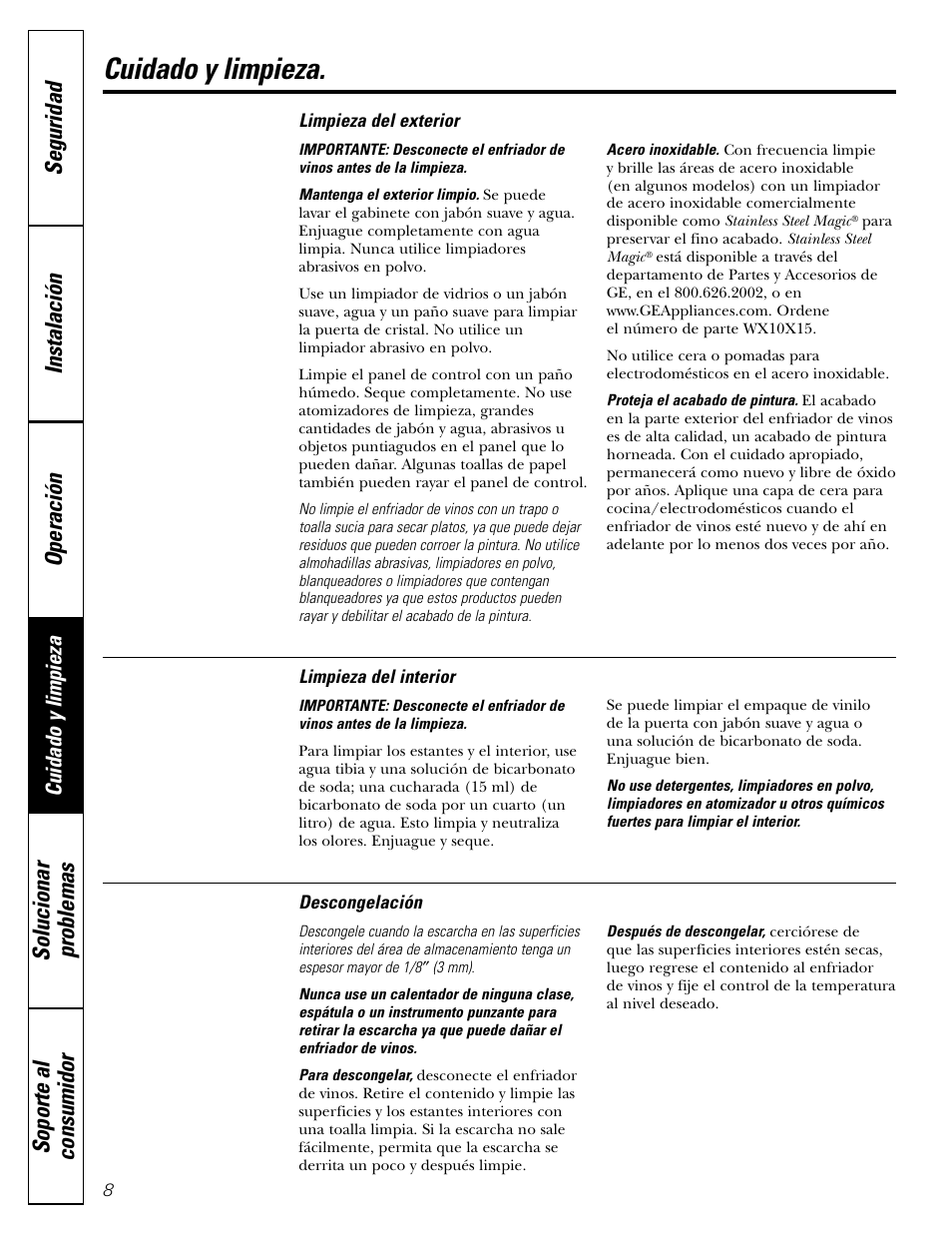 Cuidado y limpieza | GE Profile Wine Chiller User Manual | Page 24 / 32