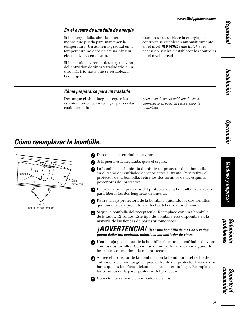 Reemplazo de la bombilla, Advertencia, Cómo reemplazar la bombilla | GE Profile Wine Chiller User Manual | Page 25 / 32