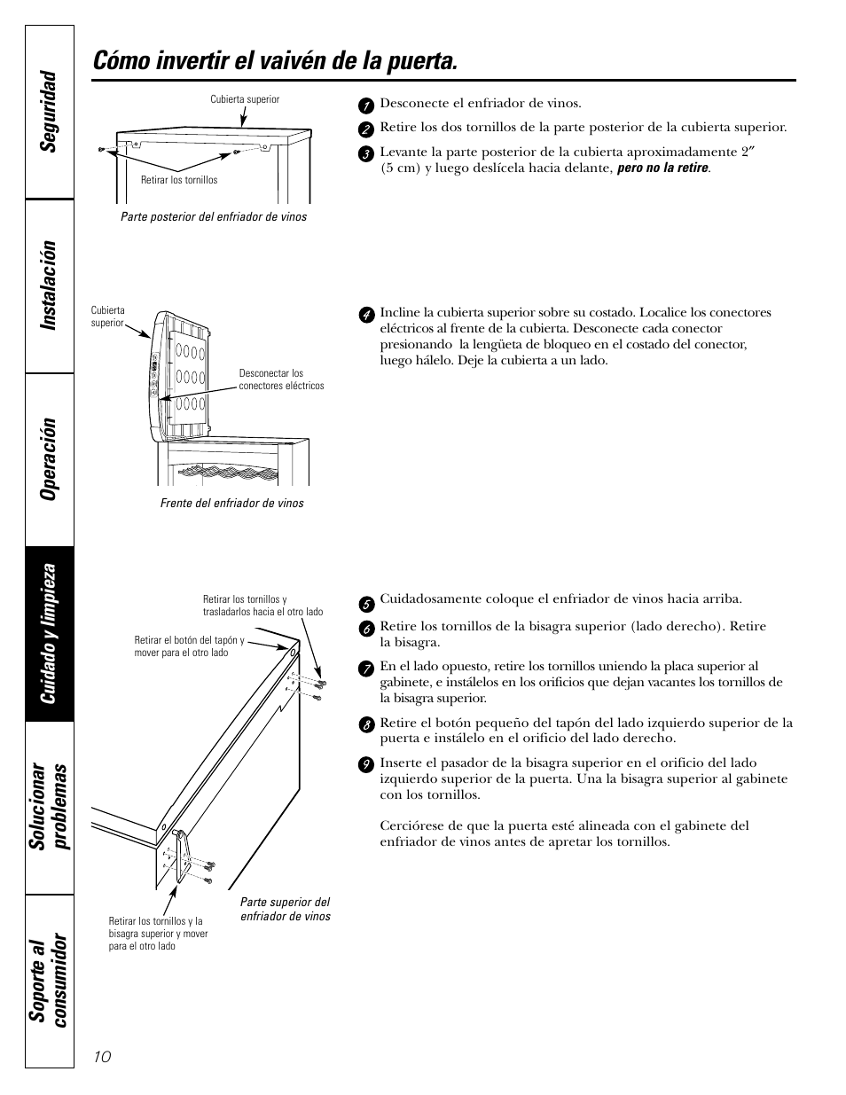 Cómo invertir el vaivén de la puerta, Cómo invertir el vaivén de la puerta , 11, Cuidado y limpieza | GE Profile Wine Chiller User Manual | Page 26 / 32