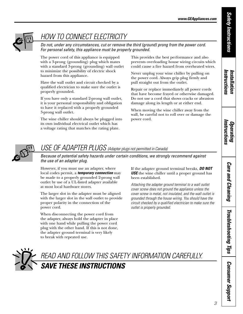 How to connect electricity, Use of adapter plugs | GE Profile Wine Chiller User Manual | Page 3 / 32