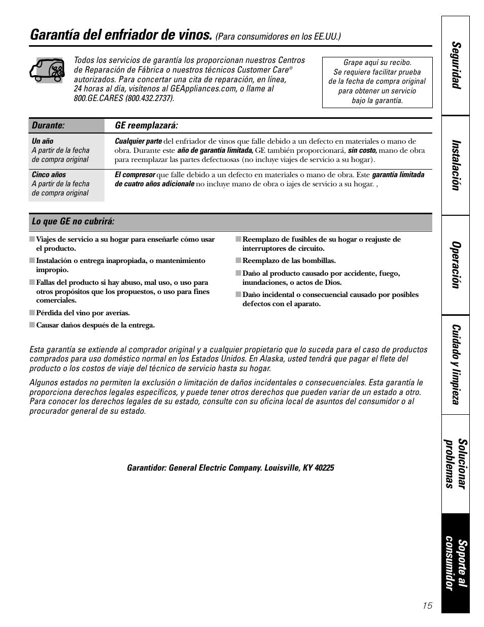 Garantía, Garantía del enfriador de vinos, Cuidado y limpieza | GE Profile Wine Chiller User Manual | Page 31 / 32