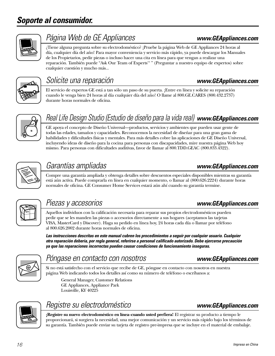 Soporte al consumidor, Soporte al consumidor. página web de ge appliances, Solicite una reparación | Garantías ampliadas, Piezas y accesorios, Póngase en contacto con nosotros, Registre su electrodoméstico | GE Profile Wine Chiller User Manual | Page 32 / 32