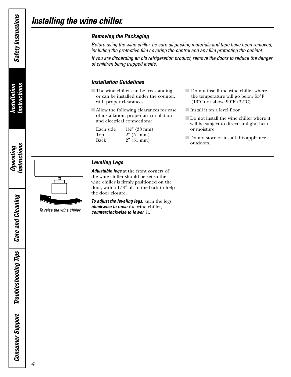 Installation instructions, Installing the wine chiller | GE Profile Wine Chiller User Manual | Page 4 / 32