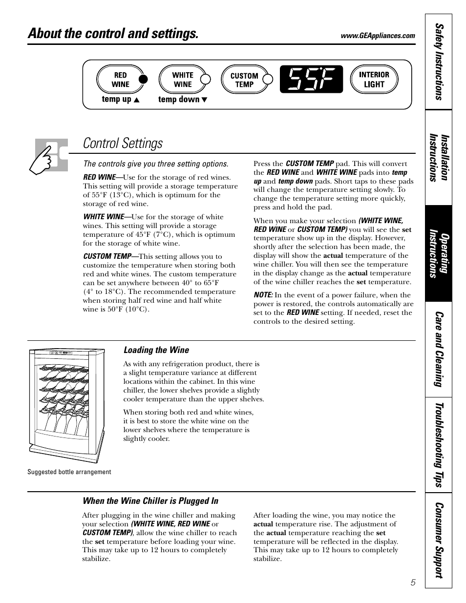 Control settings, Control settings , 6, About the control and settings | GE Profile Wine Chiller User Manual | Page 5 / 32