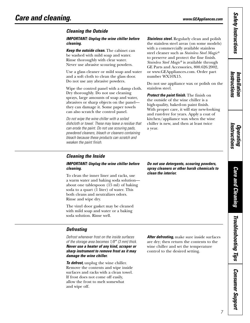 Care and cleaning | GE Profile Wine Chiller User Manual | Page 7 / 32