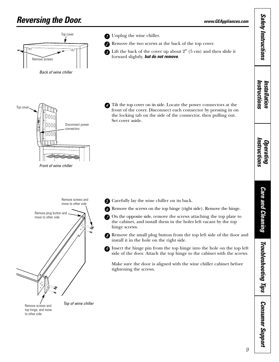 Reversing the door, Reversing the door , 10 | GE Profile Wine Chiller User Manual | Page 9 / 32