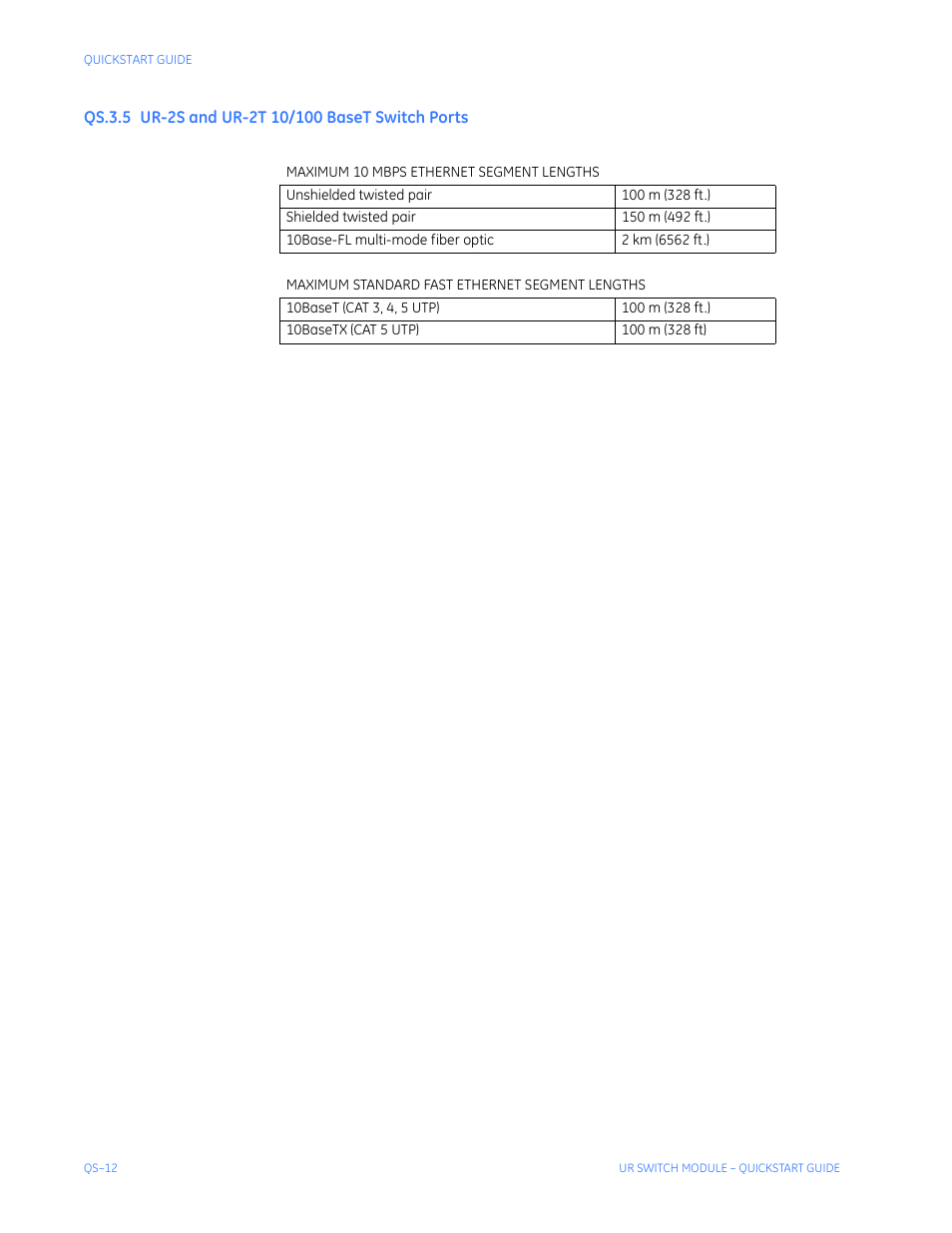 Qs.3.5 ur-2s and ur-2t 10/100 baset switch ports, Ur-2s, Ur-2t 10/100 b | Witch, Orts, Qs-12 | GE QS24 UR User Manual | Page 16 / 58