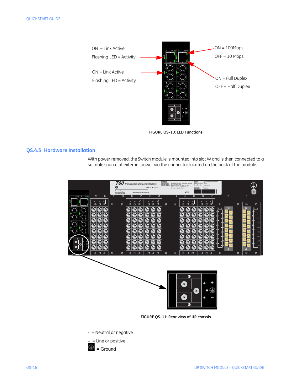 Qs.4.3 hardware installation, Ardware, Nstallation | Qs-16, Quickstart guide figure qs–10: led functions, Figure qs–11: rear view of ur chassis, Qs–16 ur switch module – quickstart guide | GE QS24 UR User Manual | Page 20 / 58