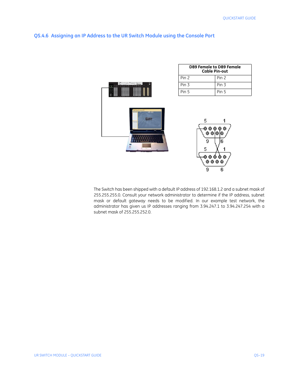 Ssigning, Ip a, Ddress | Ur s, Witch, Odule, Using, Onsole, Qs-19 | GE QS24 UR User Manual | Page 23 / 58
