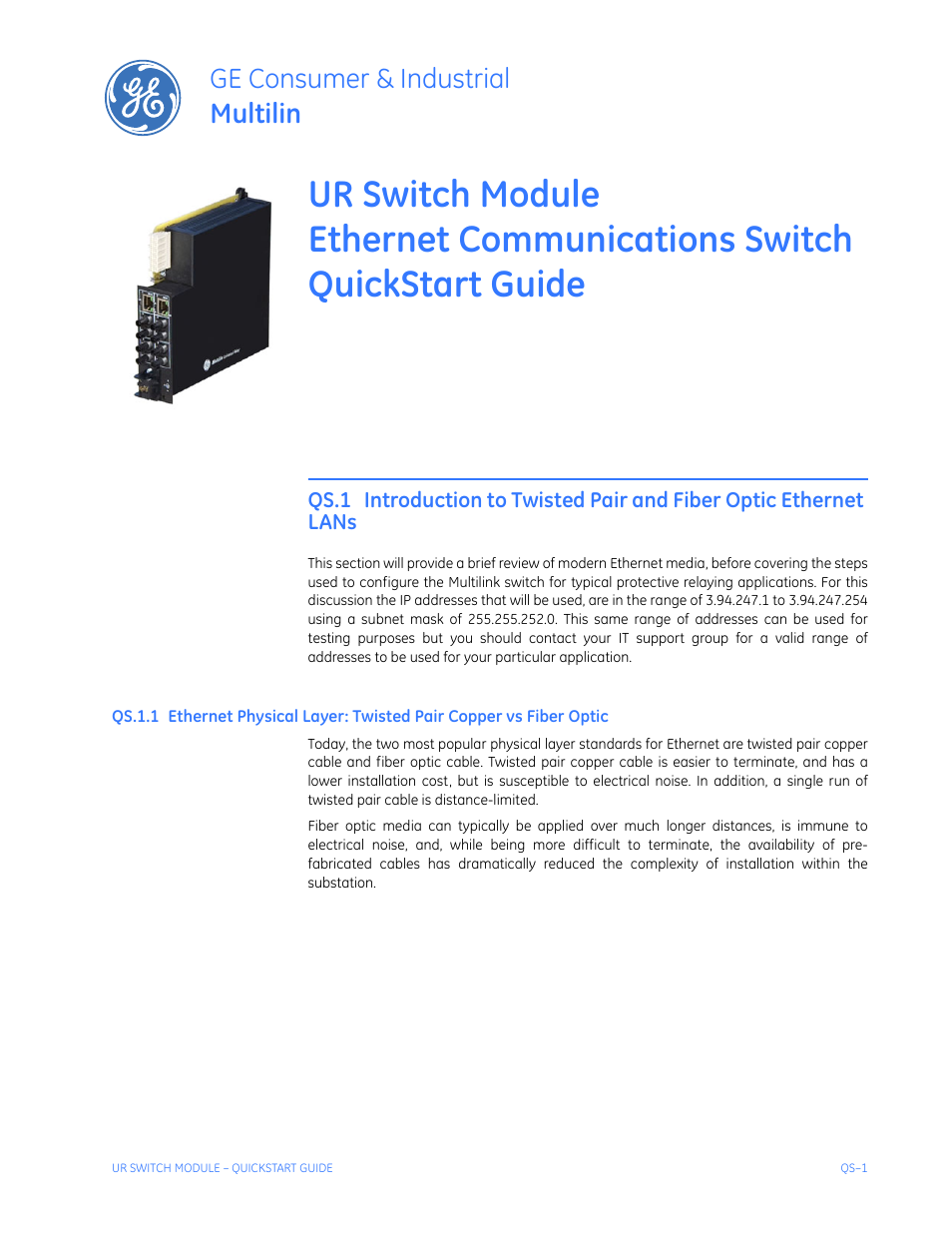 Quickstart guide, Thernet, Hysical | Ayer, Wisted, Opper, Iber, Ptic, Qs-1, Ge consumer & industrial multilin | GE QS24 UR User Manual | Page 5 / 58