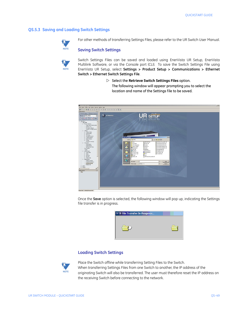 Qs.5.3 saving and loading switch settings, Aving, Oading | Witch, Ettings, Qs-49, Saving switch settings, Loading switch settings | GE QS24 UR User Manual | Page 53 / 58