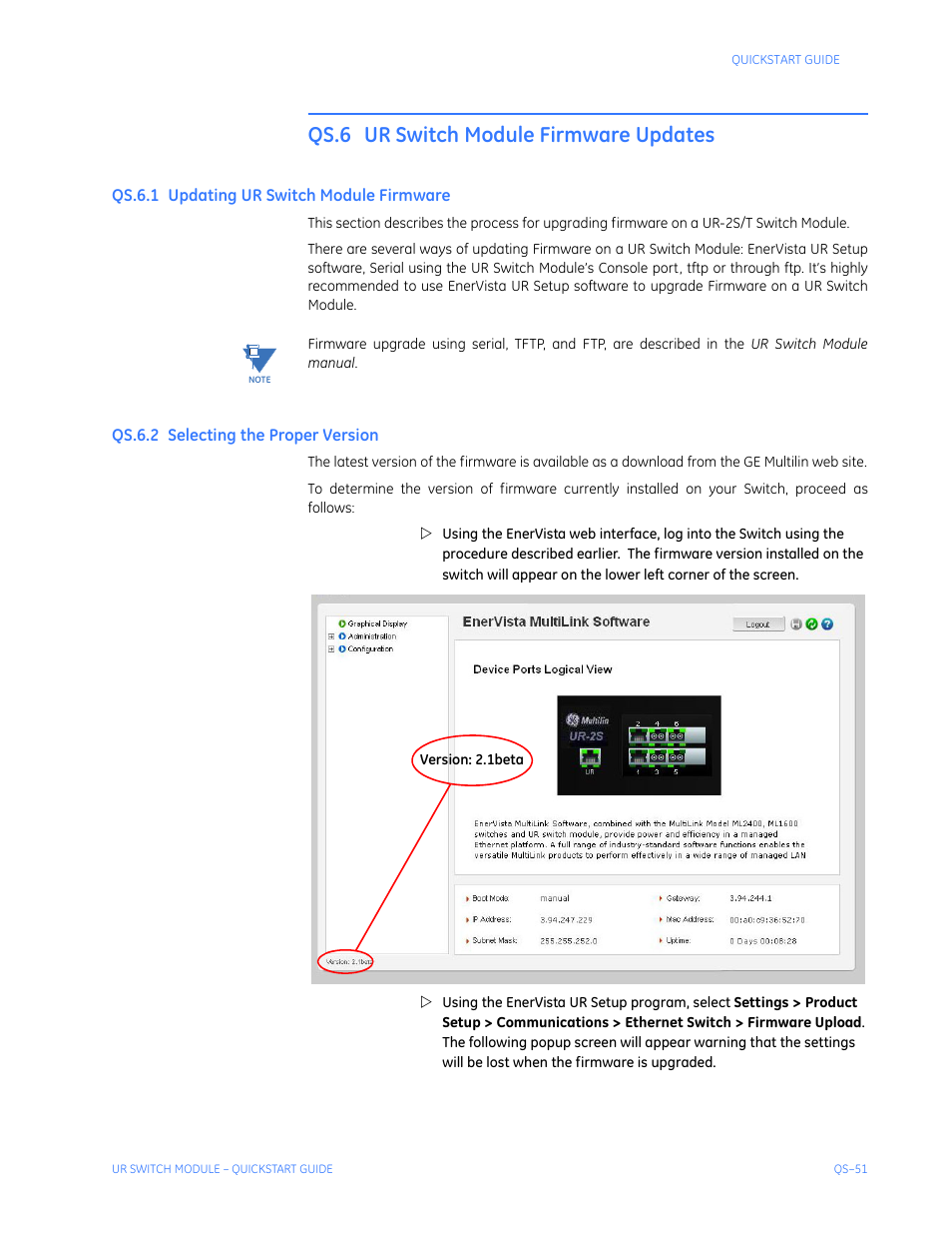 Qs.6 ur switch module firmware updates, Qs.6.1 updating ur switch module firmware, Qs.6.2 selecting the proper version | Pdating, Ur s, Witch, Odule, Irmware, Qs-51, Electing | GE QS24 UR User Manual | Page 55 / 58