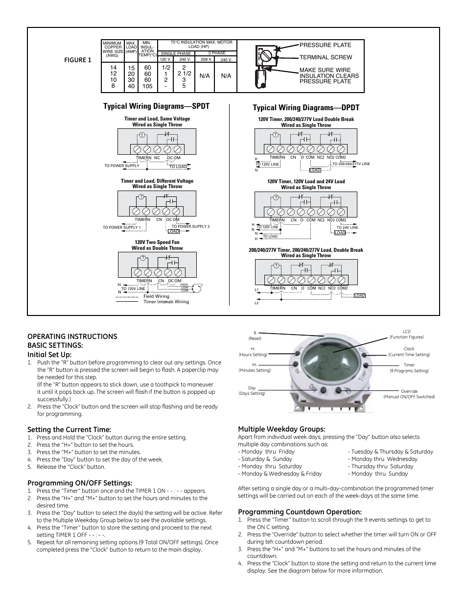 Typical wiring diagrams—dpdt, Typical wiring diagrams—spdt, Setting the current time | Programming on/off settings, Multiple weekday groups, Programming countdown operation, Figure 1 | GE 120VAC User Manual | Page 2 / 3