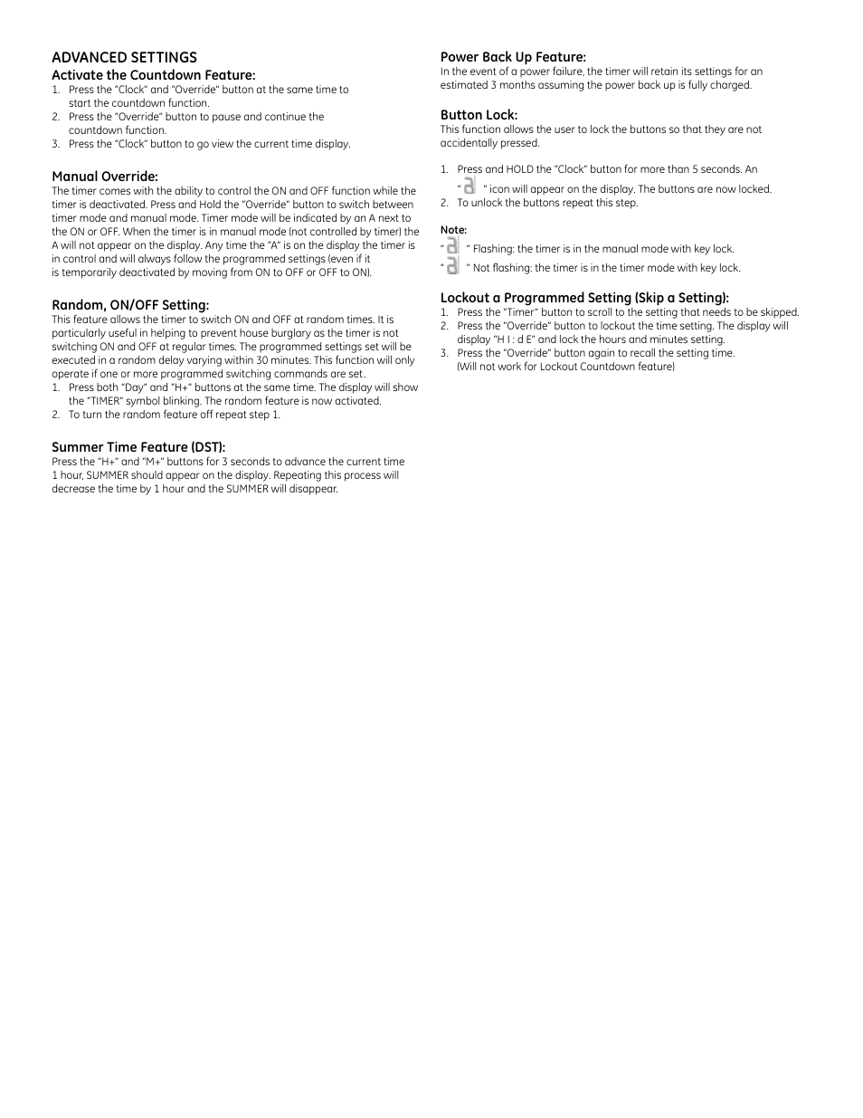 Advanced settings | GE 120VAC User Manual | Page 3 / 3